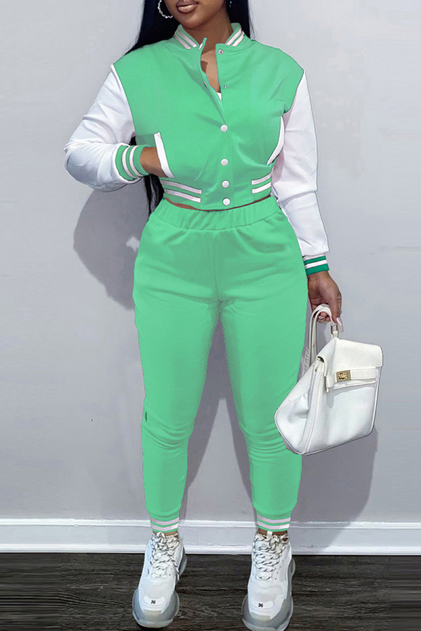 Pantalones cárdigan de retazos casuales de moda verde claro manga larga de dos piezas