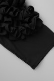 Schwarzes, lässiges, elegantes, solides Patchwork-Falten-Strähnchen mit Webkanten, halber Rollkragen, A-Linie, Plus-Size-Kleider
