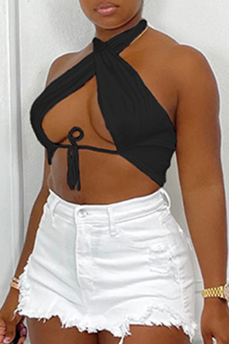 Black Fashion Sexy Solid Bandage Uitgeholde Backless Asymmetrische Halter Tops