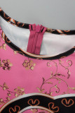 ピンクのカジュアルプリントパッチワークボタンOネックワンステップスカートドレス