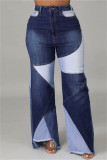 Vaqueros de mezclilla regular de cintura alta básicos de patchwork casual de moda azul