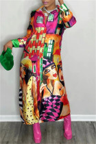 パープルファッションカジュアルプリントパッチワークターンダウンカラーシャツドレス