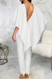 Witte sexy effen patchwork-backless volant O-hals reguliere jumpsuits