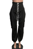 Pantalones de color sólido de pierna ancha de cintura alta de patchwork de vendaje sólido de calle informal negro