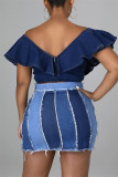 Blue Fashion Casual Patchwork Basic High Waist Colorblock Print Skinny Denim Mini Skirts