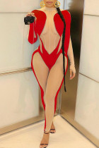 Red Sexy Solid Patchwork See-through O Neck Skinny Jumpsuits