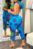 Blue Fashion Sexy Print Tie Dye Backless Hooded Kraag Skinny Jumpsuits