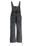Macacão jeans preto casual com bandagem sólida patchwork com alça de espaguete sem mangas