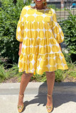 Yellow Casual Print Polka Dot Patchwork O Neck A Line Dresses