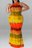 Gelbes, modisches, lässiges, ärmelloses Kleid mit Tie-Dye-O-Ausschnitt in Übergröße