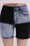 Schwarze, modische, lässige Patchwork-Basic-Skinny-Denim-Shorts mit hoher Taille