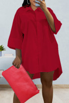 Красное повседневное однотонное платье-рубашка в стиле пэчворк с отложным воротником и пряжкой Платья Платья