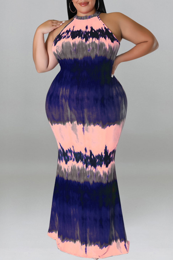 Mörkblå Mode Casual Plus Size Print Tie-dye O Neck ärmlös klänning