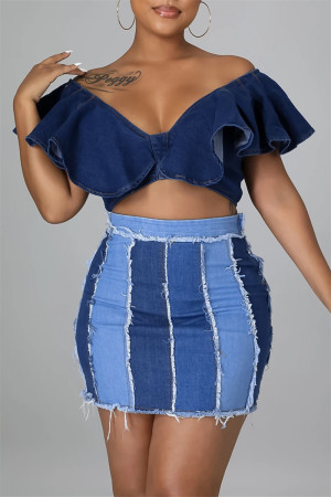 Blue Fashion Casual Patchwork Basic High Waist Colorblock Print Skinny Denim Mini Skirts