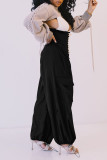 Black Casual Street Solid Bandage Patchwork High Waist Wide Leg Solid Color Bottoms