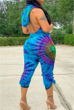 Blue Fashion Sexy Print Tie Dye Backless Hooded Kraag Skinny Jumpsuits