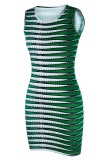 Vestidos de falda de lápiz con cuello en O de patchwork con estampado casual verde claro