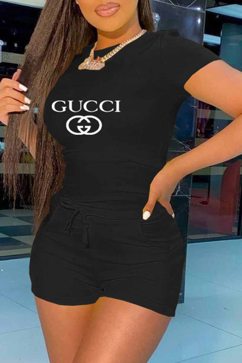 

Black Fashion Casual Print Letter O Neck Short Sleeve Two Pieces