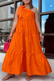 Оранжевое сексуальное повседневное однотонное платье без рукавов с открытой спиной и косым воротником