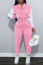 Pantalones cárdigan de retazos casuales de moda rosa manga larga de dos piezas