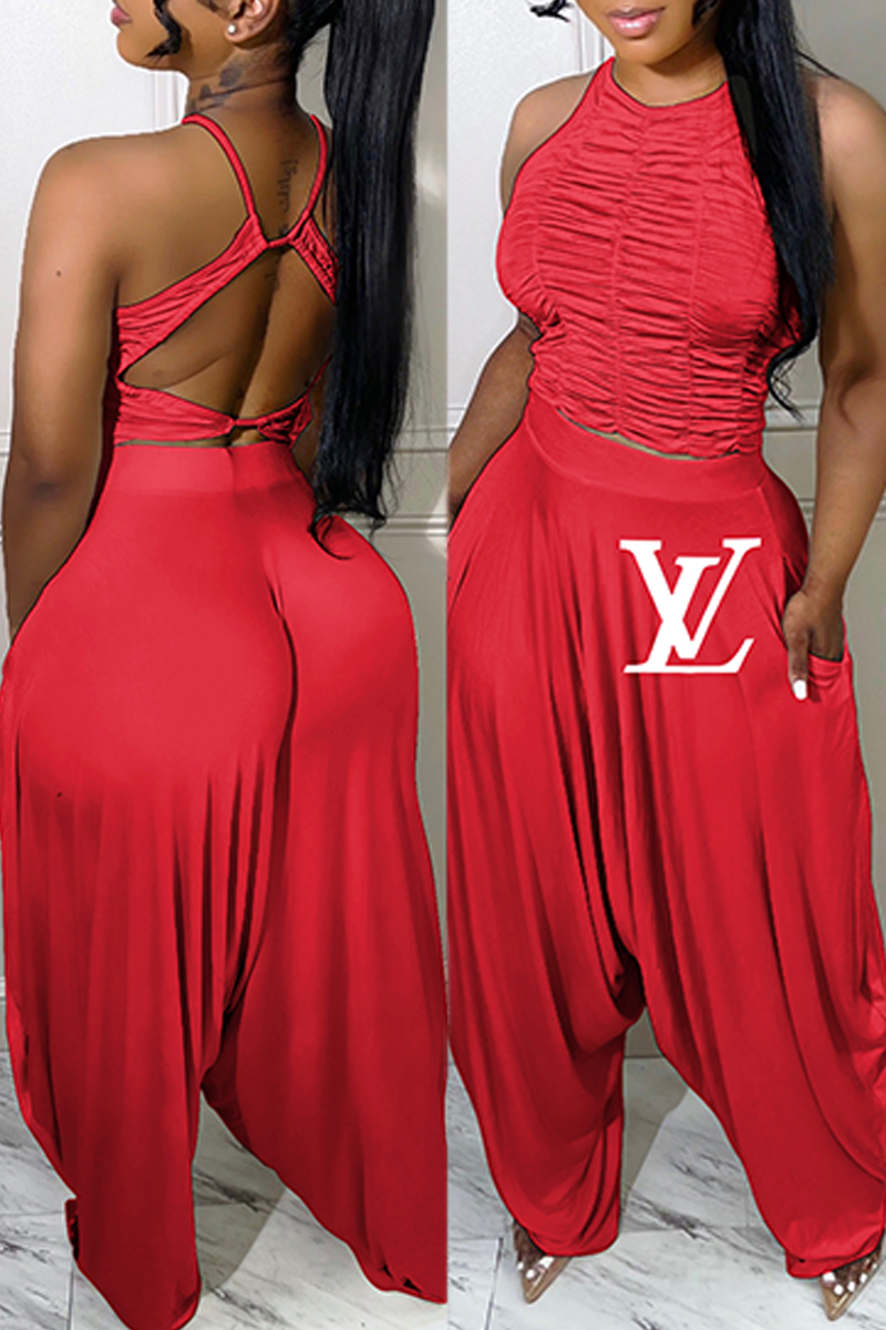 

Red Fashion Street Letter Fold O Neck Sleeveless Two Pieces