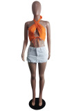 Orange Fashion Sexy Solid Bandage Hollowed Out Backless Asymmetrical Halter Tops