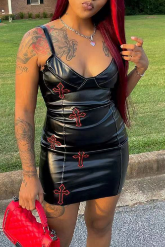 Black Sexy Character Patchwork Spaghetti Strap Pencil Skirt Dresses