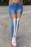 Light Blue Fashion Casual Solid Ripped Hollowed Out Patchwork Frenulum High Waist Skinny Denim Jeans