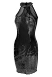 Black Fashion Sexy Patchwork Hot Drilling See-through O Neck Sleeveless Dress