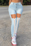 Light Blue Fashion Casual Solid Ripped Hollowed Out Patchwork Frenulum High Waist Skinny Denim Jeans