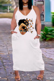 ホワイトオレンジセクシーカジュアルプラスサイズプリントバックレスVネックスリングドレス