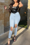 Light Blue Fashion Casual Solid Ripped Hollowed Out Patchwork High Waist Skinny Denim Jeans
