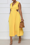 Vestido sin mangas con cuello en V de patchwork ahuecado sólido casual de moda amarillo