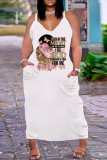 Robe blanche rose sexy décontractée grande taille imprimée dos nu col en V