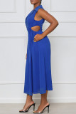 Blaues, modisches, lässiges, solides, ausgehöhltes, ärmelloses Patchwork-Kleid mit V-Ausschnitt