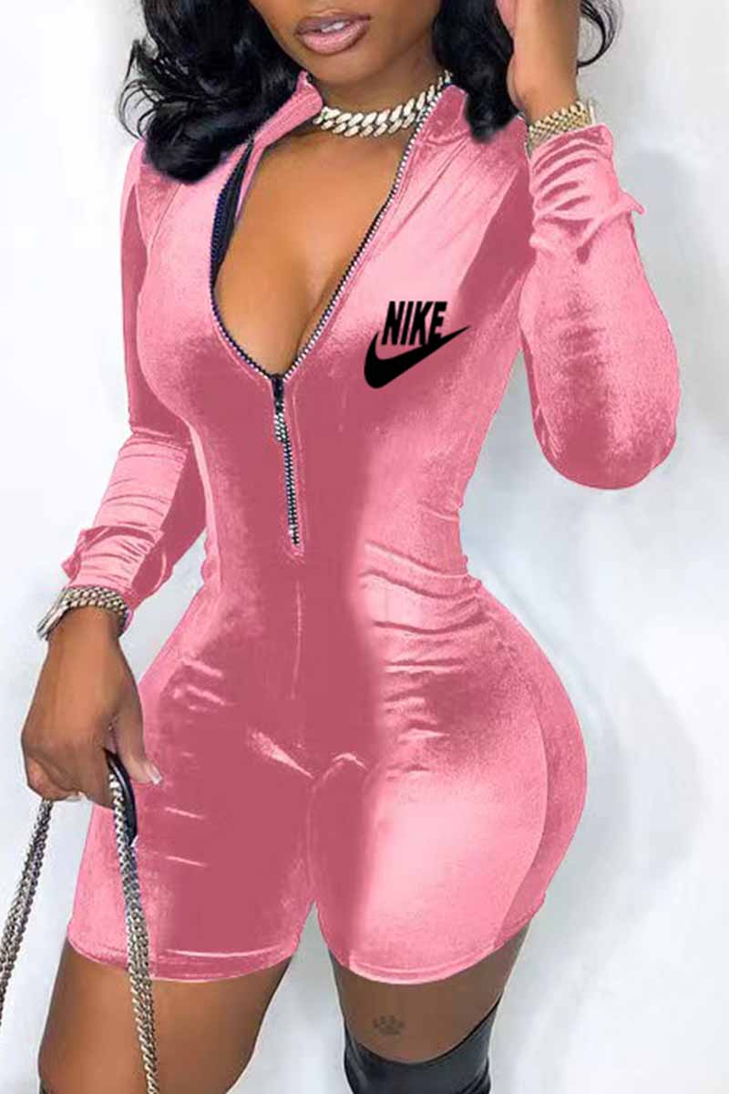 

Pink Fashion Street Print Letter Zipper Collar Jumpsuits