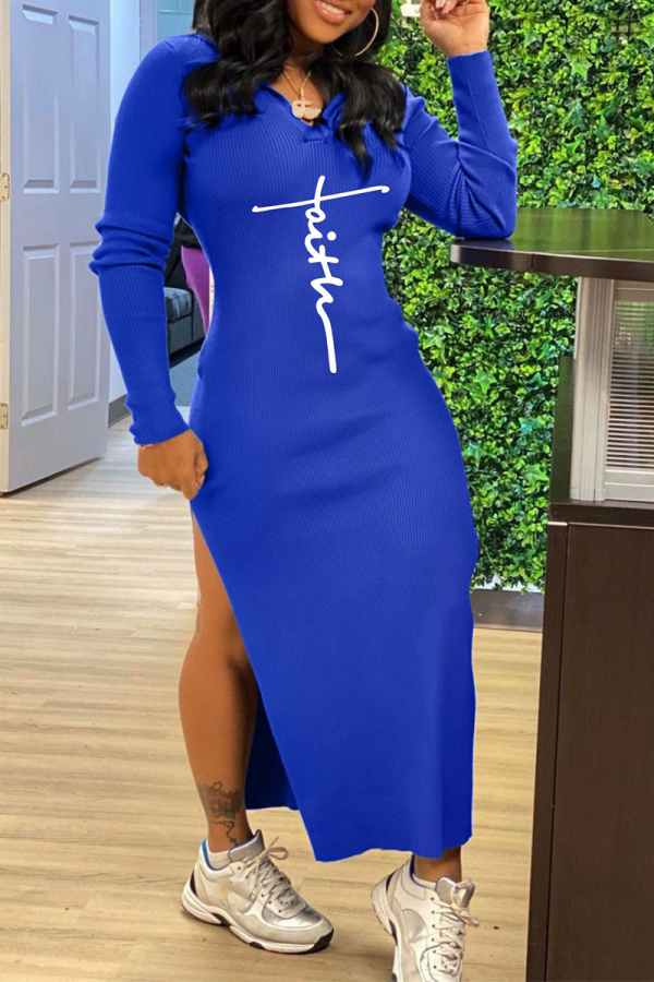 ブルーファッションプリントハイオープニングフード付きカラーペンシルスカートドレス