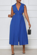 Синее модное повседневное сплошное выдолбленное лоскутное платье с V-образным вырезом без рукавов
