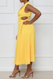 Vestido casual fashion amarelo sólido vazado patchwork decote em v sem manga