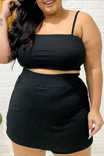 Black Fashion Solid Patchwork Spaghetti Strap Plus Size Two Pieces