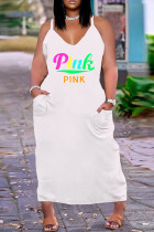 Weißes, sexy, lässiges Plus-Size-Briefdruck-Rückenfreies Sling-Kleid mit V-Ausschnitt