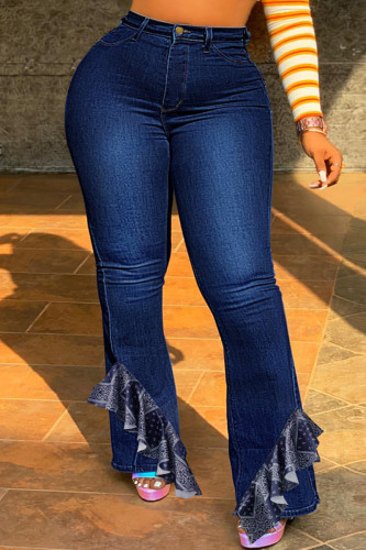 Diepblauwe mode casual effen patchwork jeans met grote maten