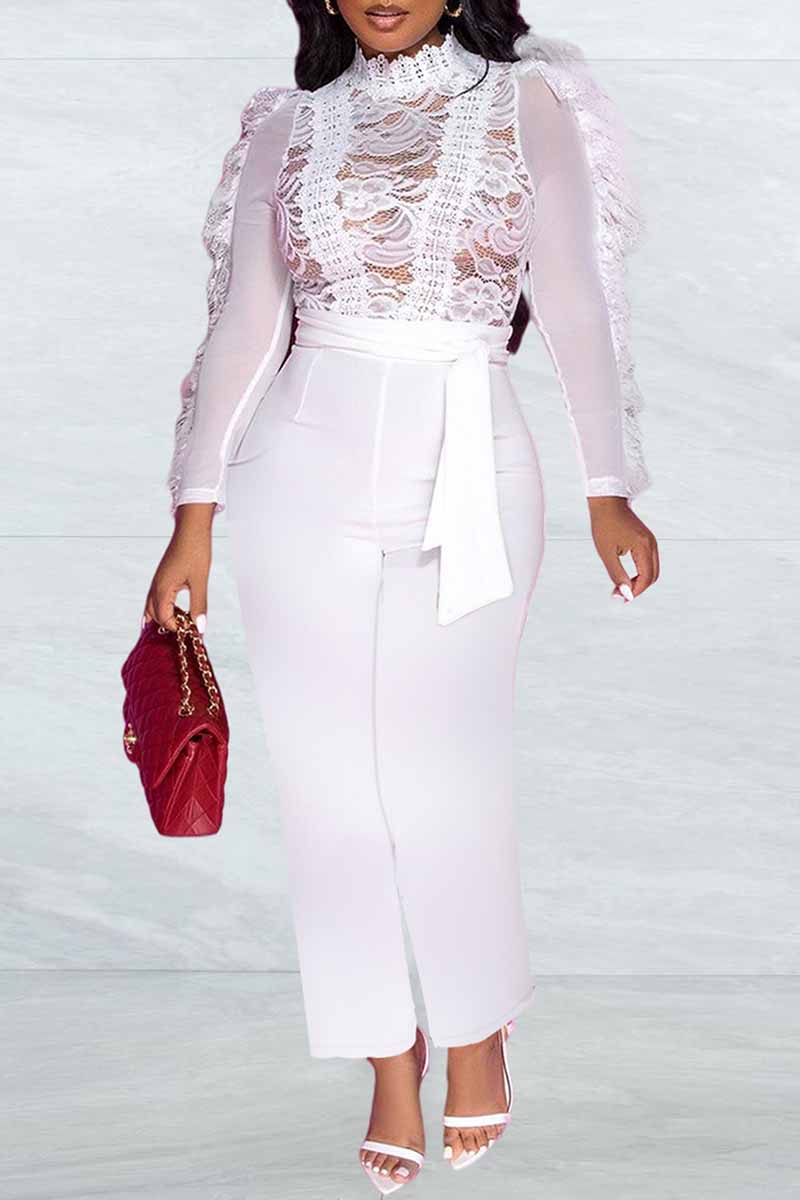 

White Fashion Sexy Letter Patchwork See-through O Neck Jumpsuits