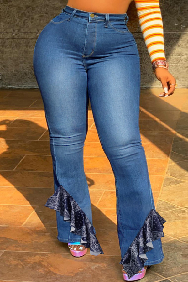 Jeans de talla grande de patchwork sólido casual de moda azul