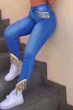 Ljusblått Mode Casual Tofs Patchwork Skinny Jeans med hög midja