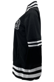 Black Casual Print Patchwork Cardigan Collar Plus Size Overcoat