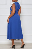 Blaues, modisches, lässiges, solides, ausgehöhltes, ärmelloses Patchwork-Kleid mit V-Ausschnitt