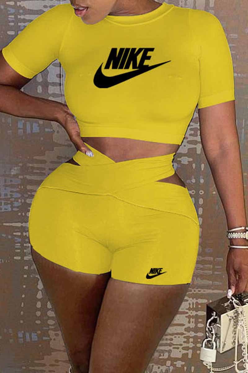 

Yellow Fashion Casual Print Letter O Neck Short Sleeve Two Pieces