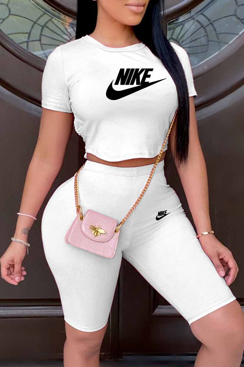 

White Fashion Sexy Print Letter O Neck Short Sleeve Two Pieces
