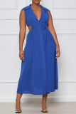 Blå Mode Casual Solid urholkad Patchwork V-ringad ärmlös klänning